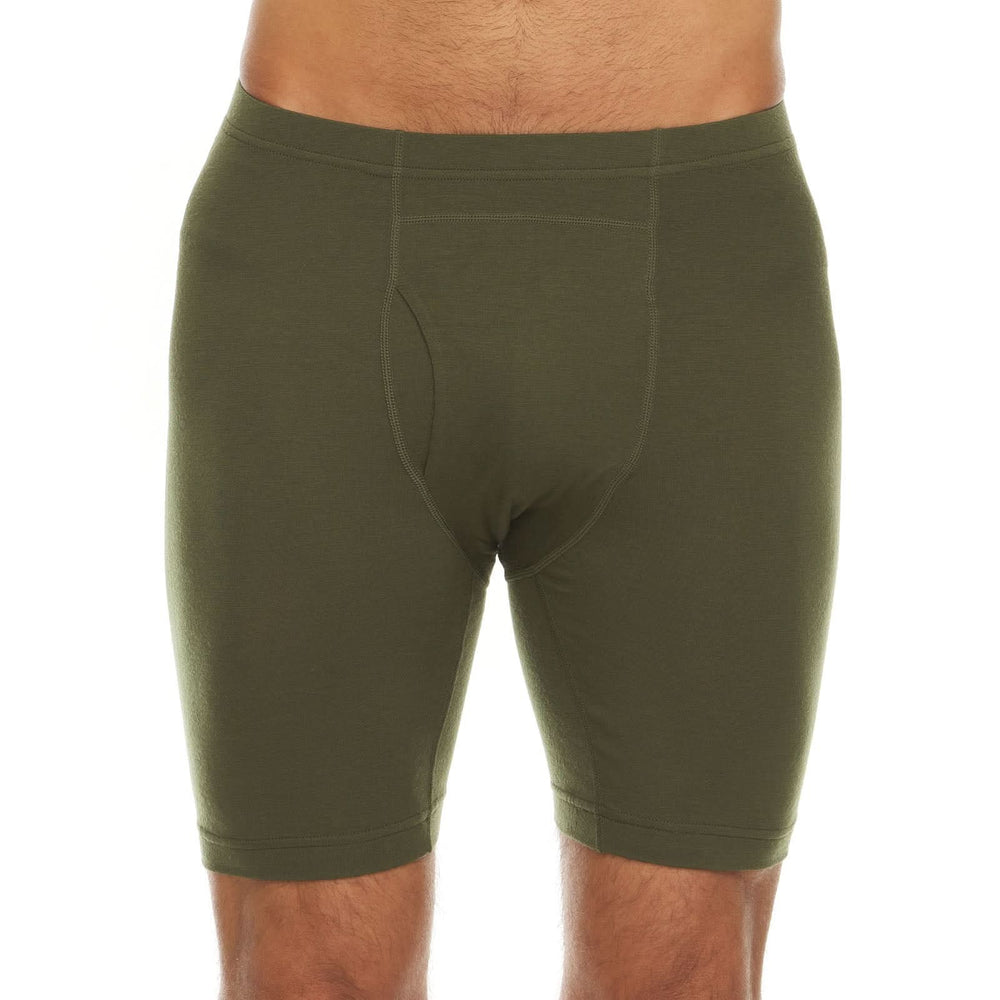100% merino wool boxer briefs. Lightweight all season wool underwear, front close-up #color_olive-drab-green
