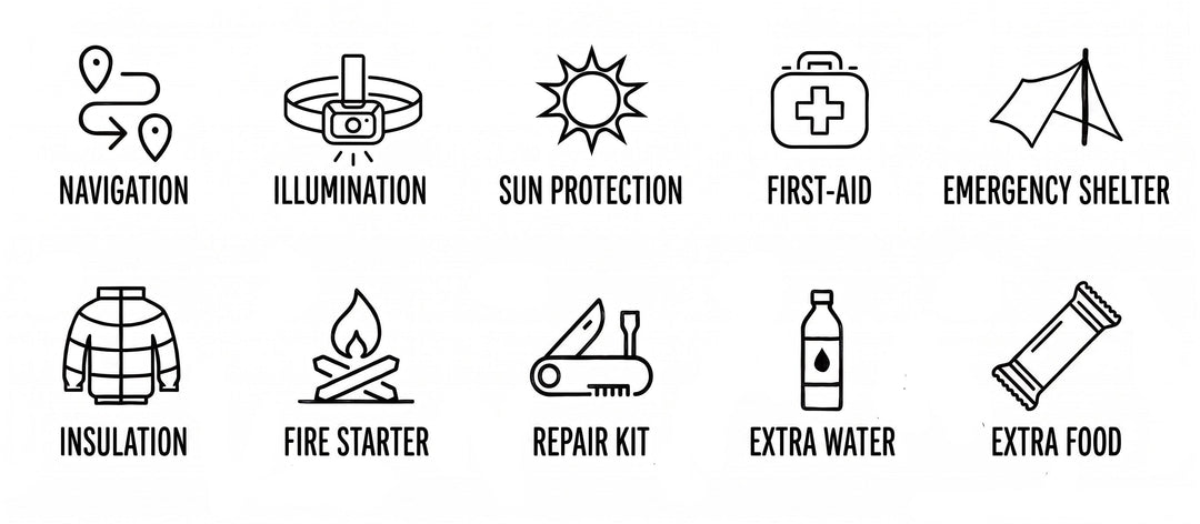 A black and white infographic titled 'TEN ESSENTIALS FOR HIKING' showing ten illustrated categories with labels: navigation, illumination, sun protection, first-aid, emergency shelter, insulation, fire starter, repair kit, extra water, and extra food.