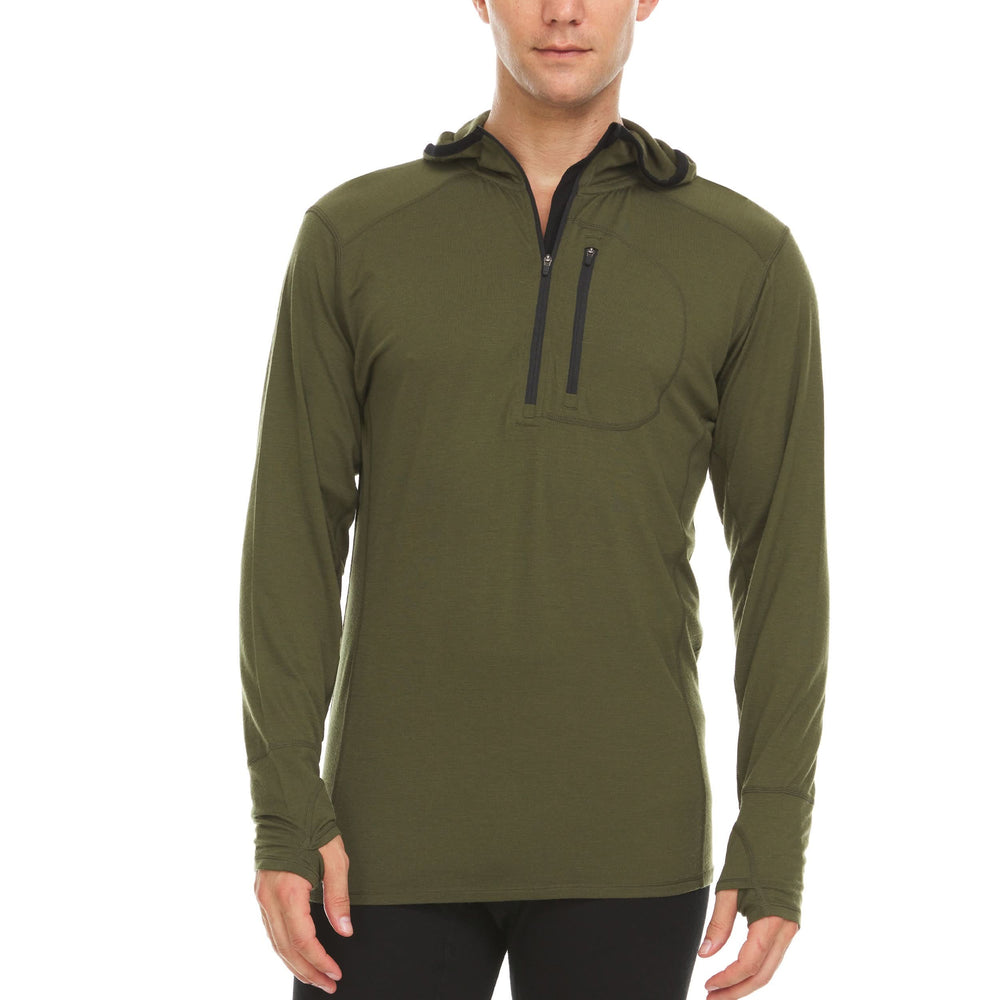 A man models the super light microweight merino wool quarter zip sun hoodie.  #color_olive-drab-green