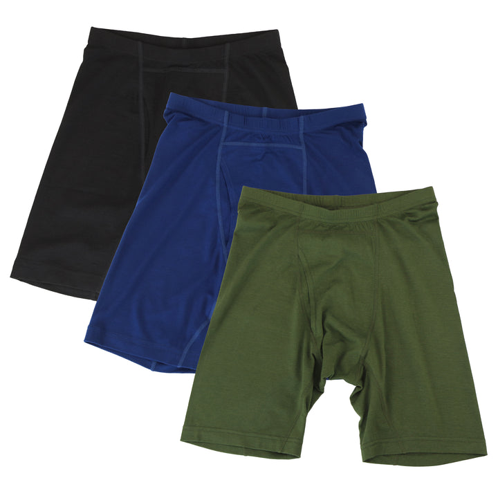 Three pairs of men's merino wool underwear in black, blue, and green on a white background