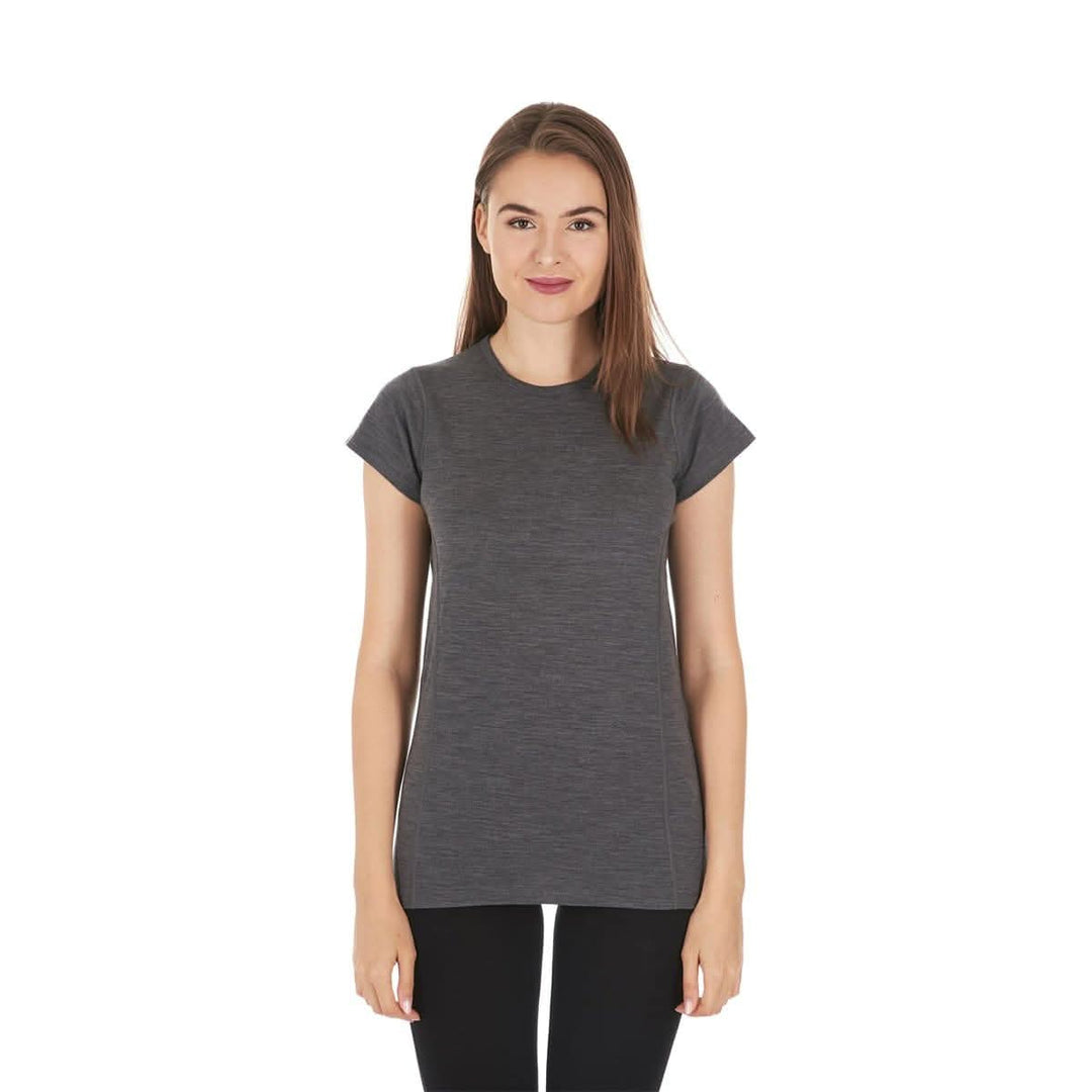 Front view of womens merino wool short sleeve shirt womens lightweight wool tshirt 