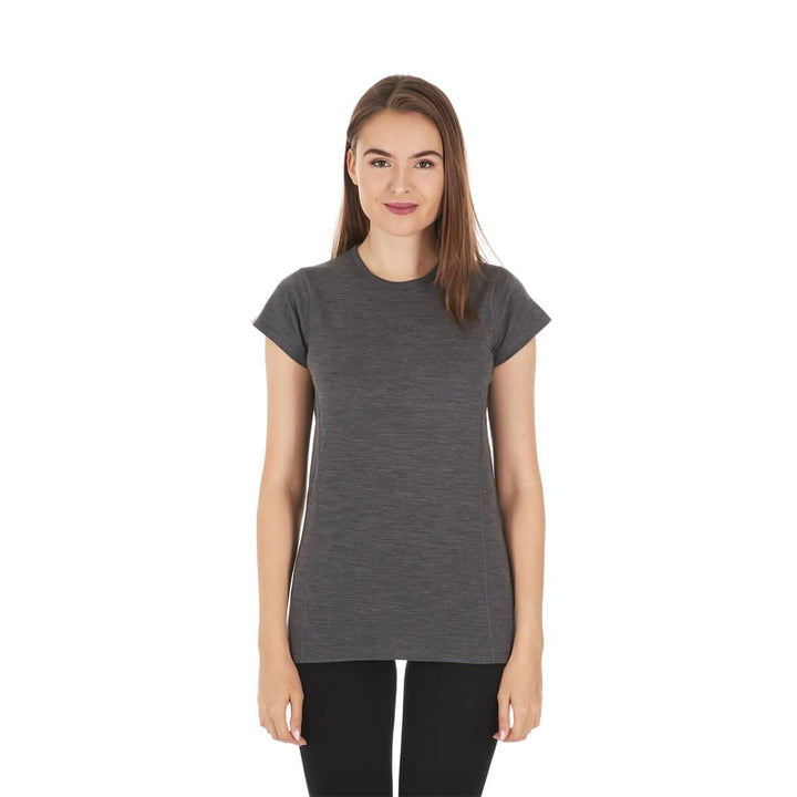 Front view of womens merino wool short sleeve shirt womens lightweight wool tshirt 