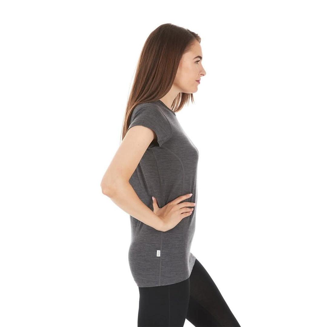 Side view of womens merino wool short sleeve shirt womens lightweight wool tshirt 