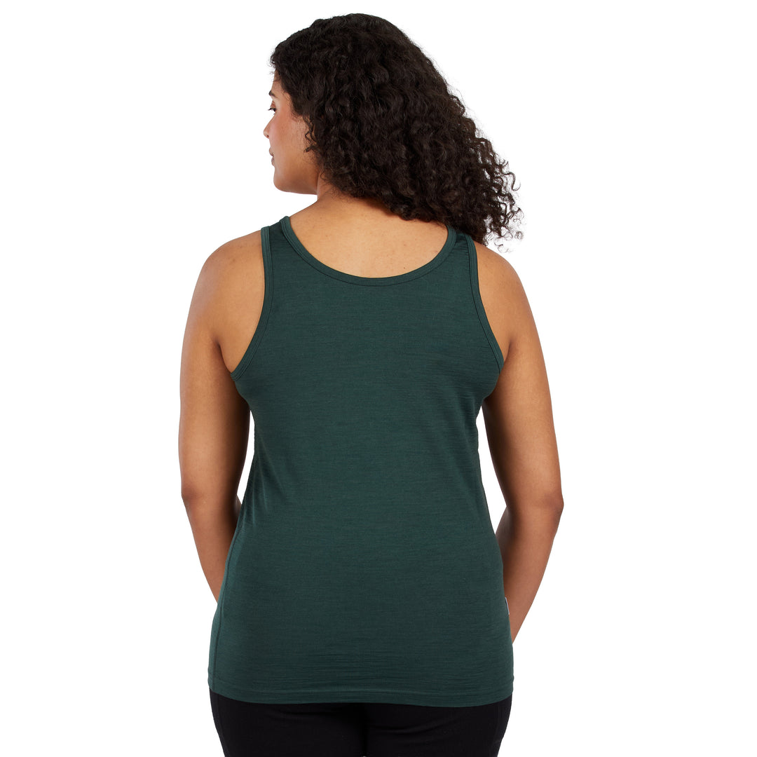 A woman with curly dark hair is shown from the back wearing a dark green racerback tank top against a plain white background. 