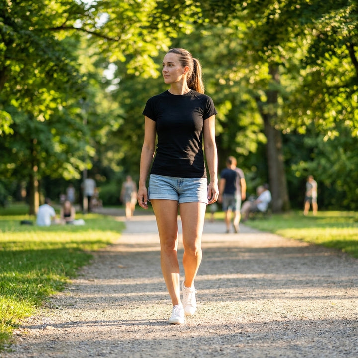 Woman walking on a path in a park wearing a microweight merino wool summer t shirt with trees and other people in the background