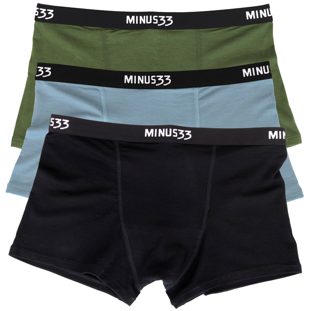 Three pairs of women's merino wool boy shorts in black, green, and blue with 'MINU533' branding on the waistbands.