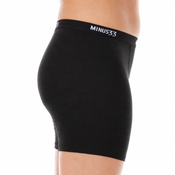 Black high-waisted compression shorts worn by a model, shown from a side profile view. merino wool underwear boxer brief 