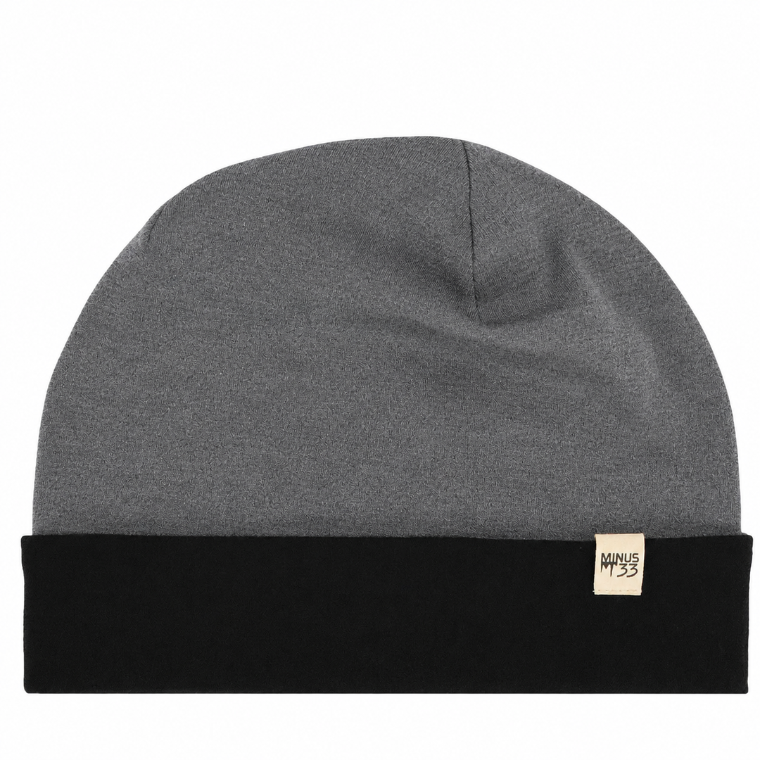 Charcoal Gray beanie flat lay. The cuff is black. 