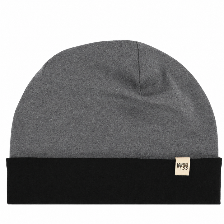 Charcoal Gray beanie flat lay. The cuff is black. 