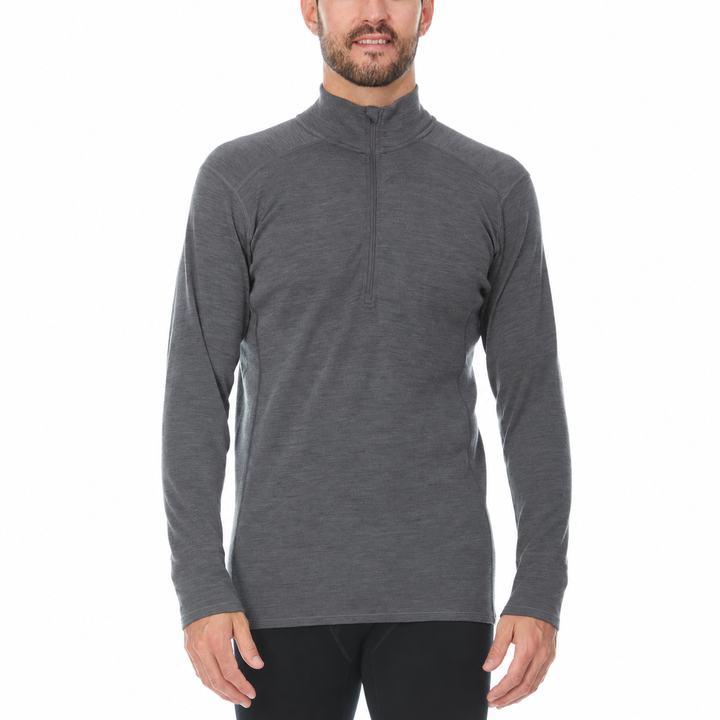 Man wearing a charcoal gray 1/4 zip with no thumb holes