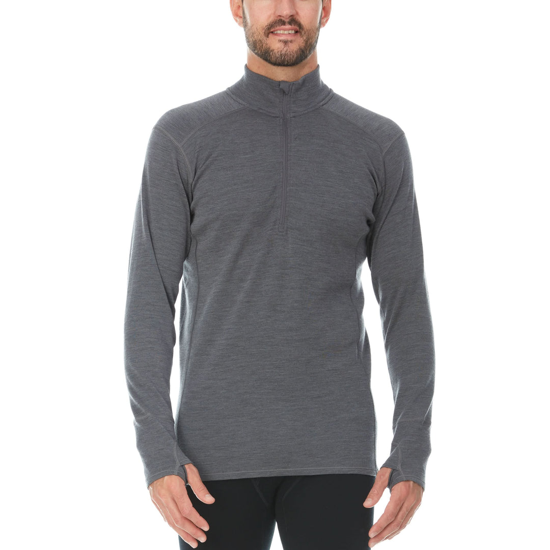 Man wearing a gray long-sleeve merino wool 1/4 zip shirt sweater with a quarter-zip on a white background