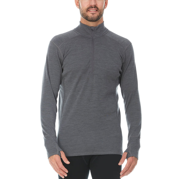 Man wearing a gray long-sleeve merino wool 1/4 zip shirt sweater with a quarter-zip on a white background