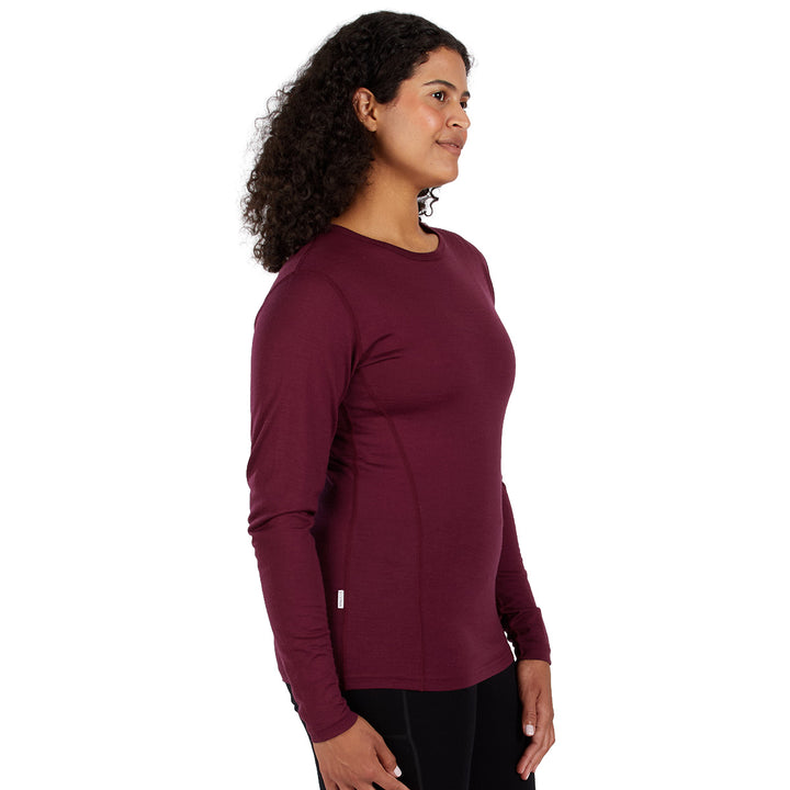 lightweight merino wool crew shirt base layer top in burgundy side 