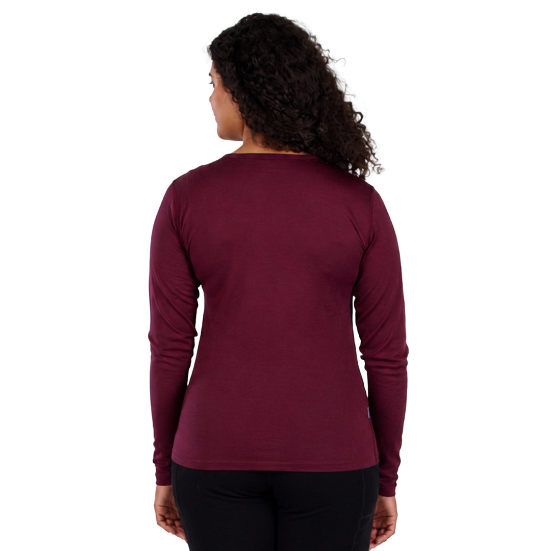 lightweight merino wool crew shirt base layer top in burgundy back 