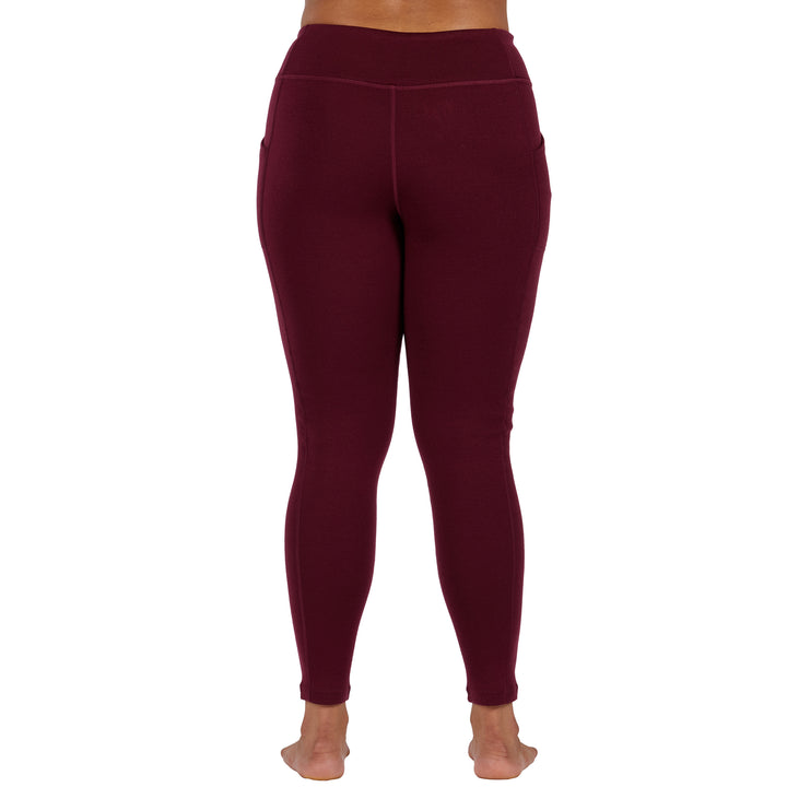 womens burgundy expedition weight leggings back profile with pockets 