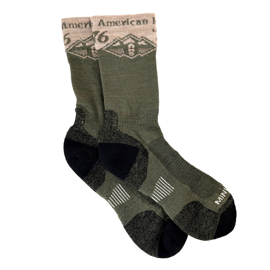 a flat photo of American Hiking Society merino wool socks with a white background