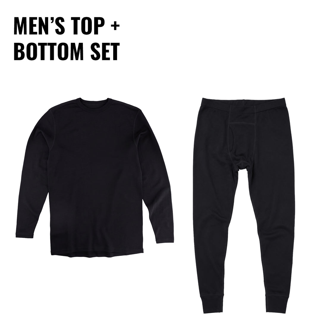 Midweight merino wool base layer bundle in black. best thermal merino 2 piece baselayer set.