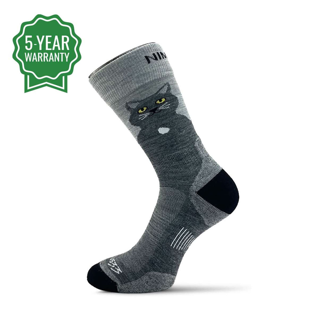 nimbus the summit cat on a pair of merino wool socks. A perfect gift for animal lovers. 
