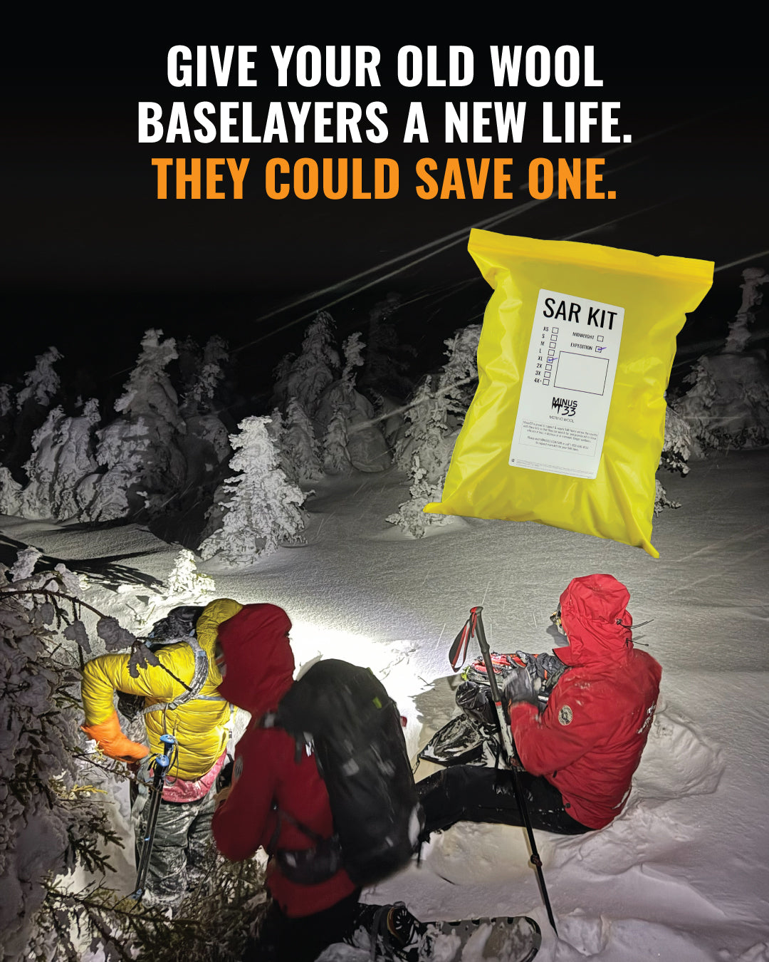 A promotional outdoor scene in deep snow at night shows three people in winter gear gathered under a headlamp, with a large yellow bag labeled 'SAR KIT' floating above them. Bold text at the top reads, 'GIVE YOUR OLD WOOL BASELAYERS A NEW LIFE.